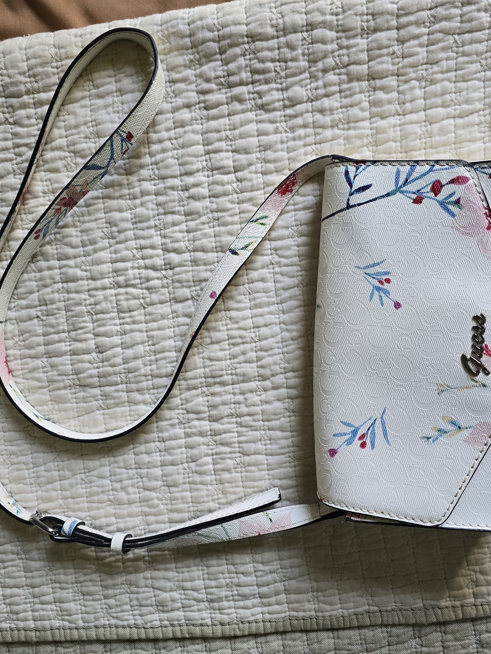 GUESS White Floral Crossbody Bag with Pink & Blue Accents